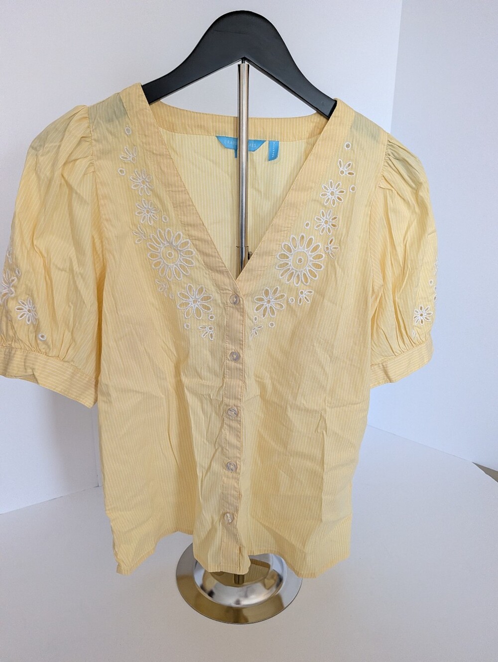 Womens Draper James Yellow Embroidered Striped Flower Emily Button Down Top S
